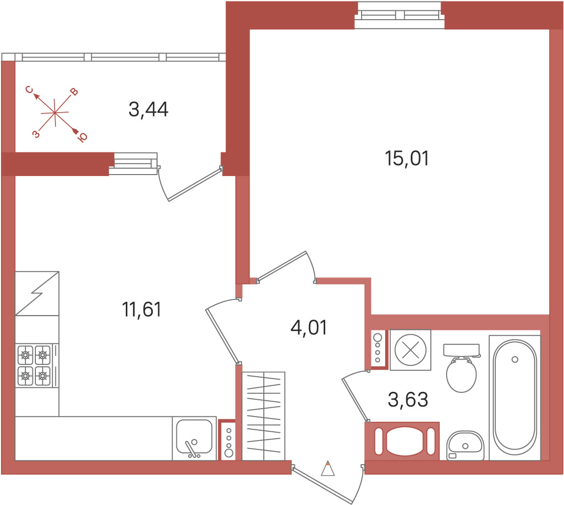 Планировка: 1-комнатная квартира, 34,3 м²
