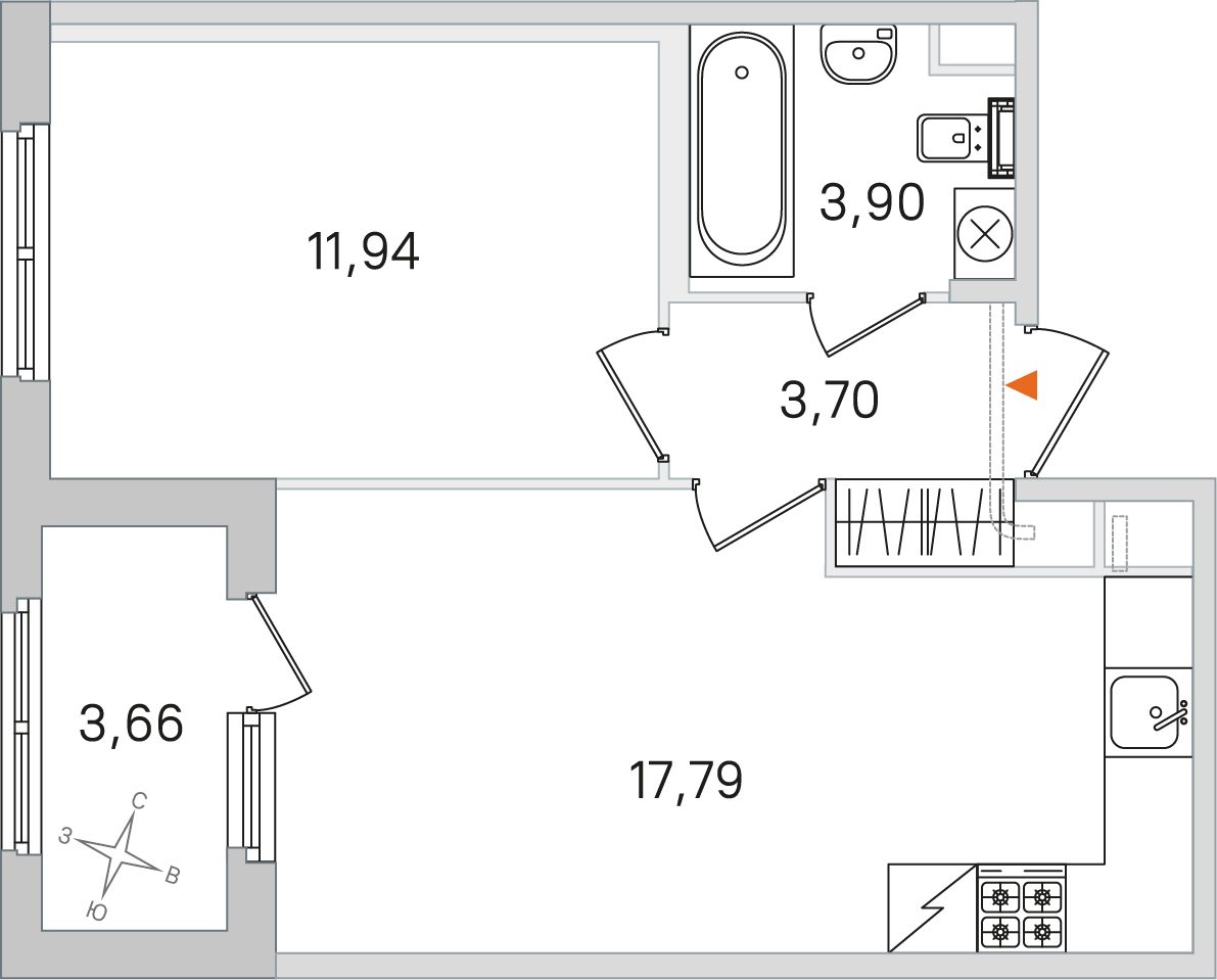 Планировка: 1-комнатная квартира, 37,3 м²