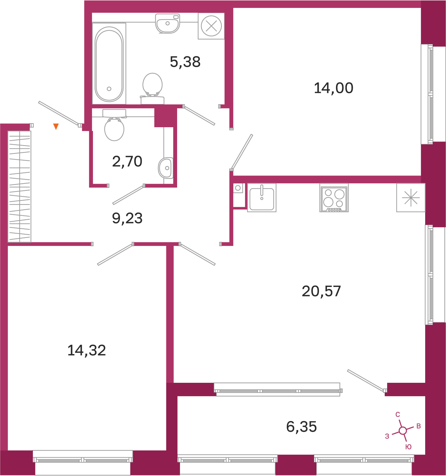 Планировка: 2-комнатная квартира, 66,2 м²