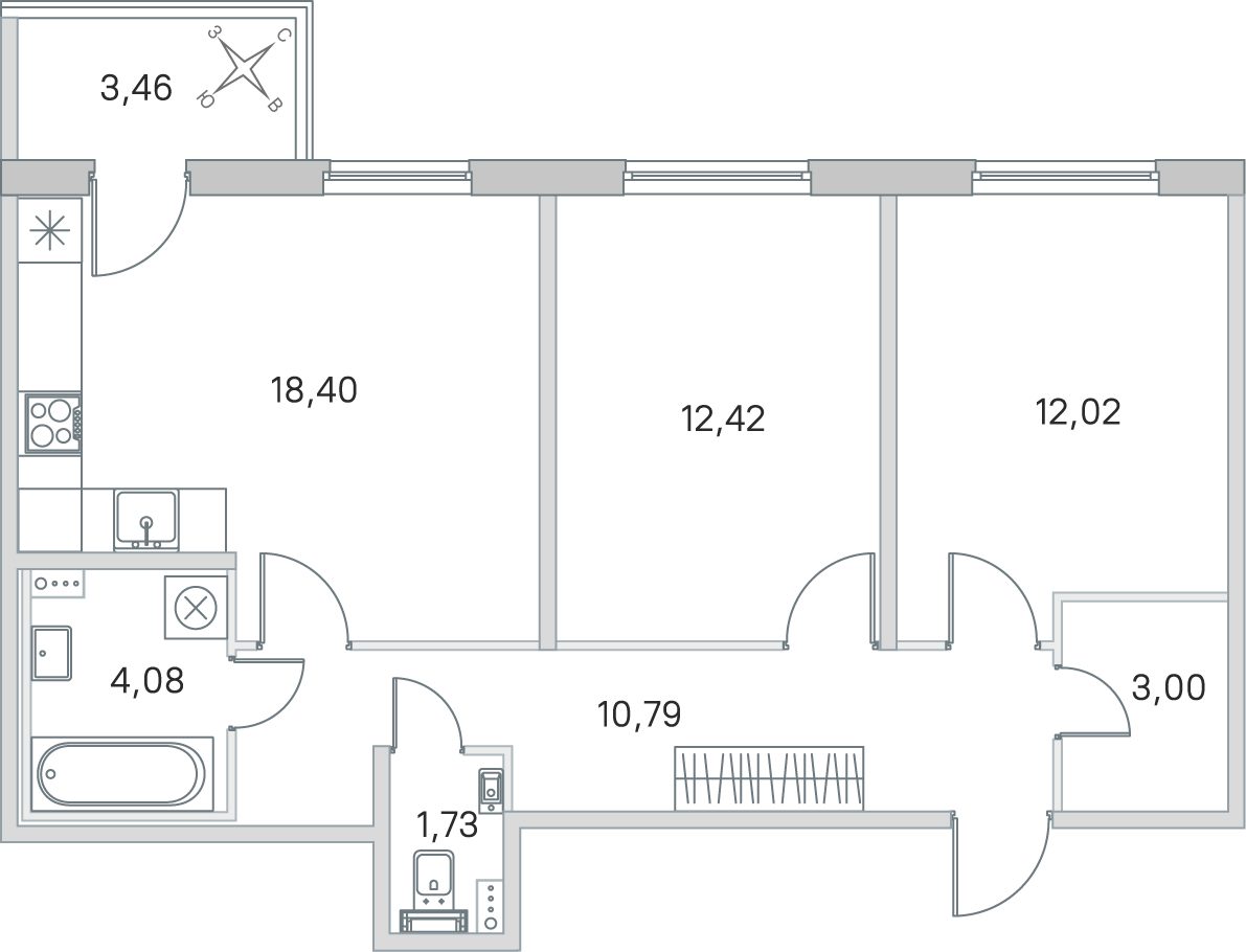 Планировка: 2-комнатная квартира, 62,4 м²