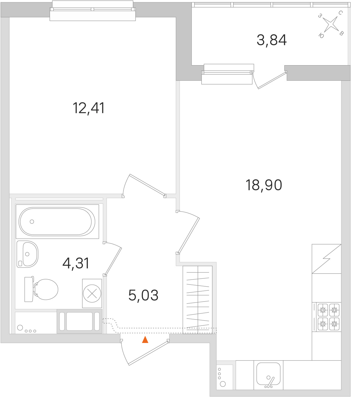 Планировка: 1-комнатная квартира, 40,7 м²