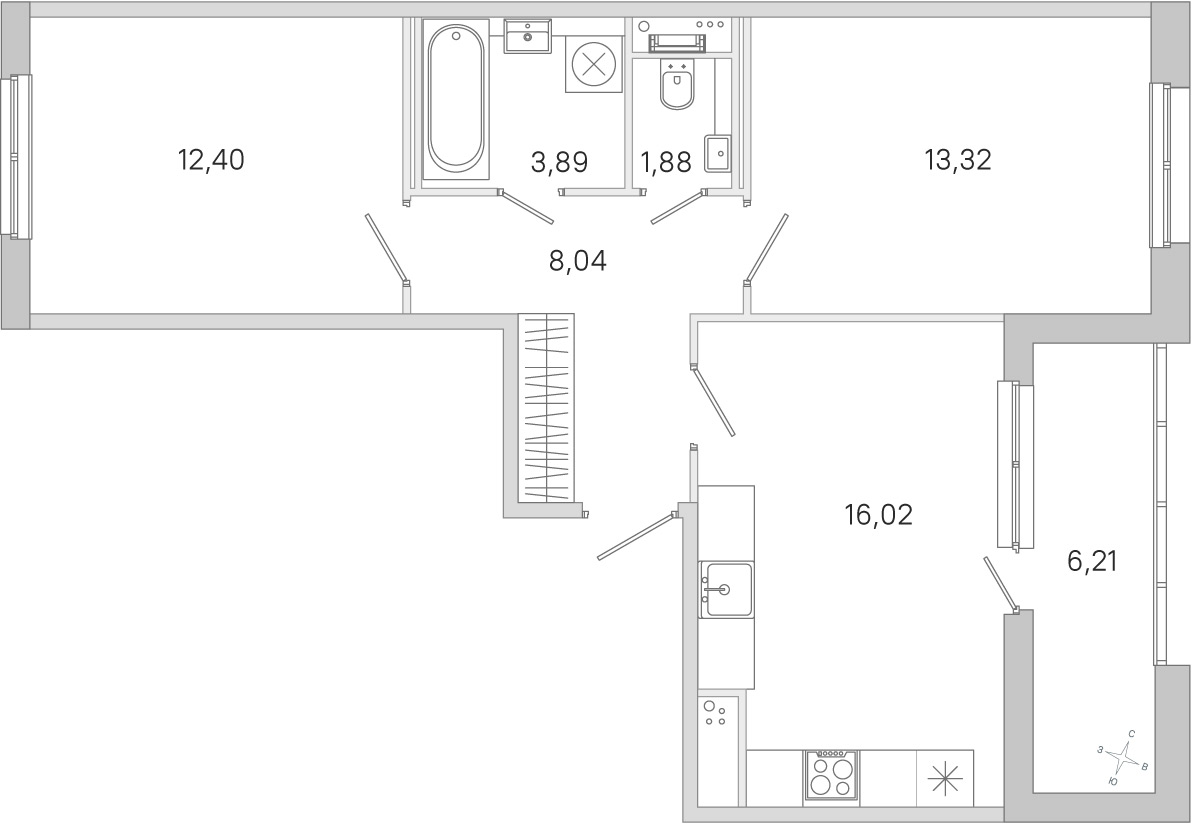 Планировка: 2-комнатная квартира, 55,6 м²