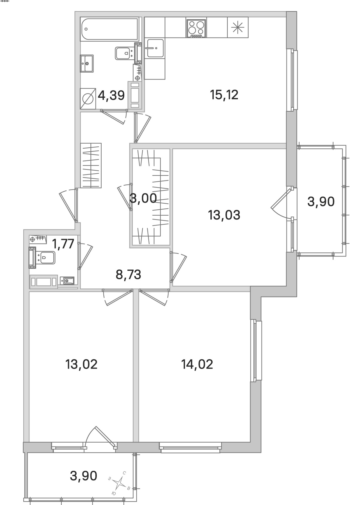 Планировка: 3-комнатная квартира, 73,1 м²