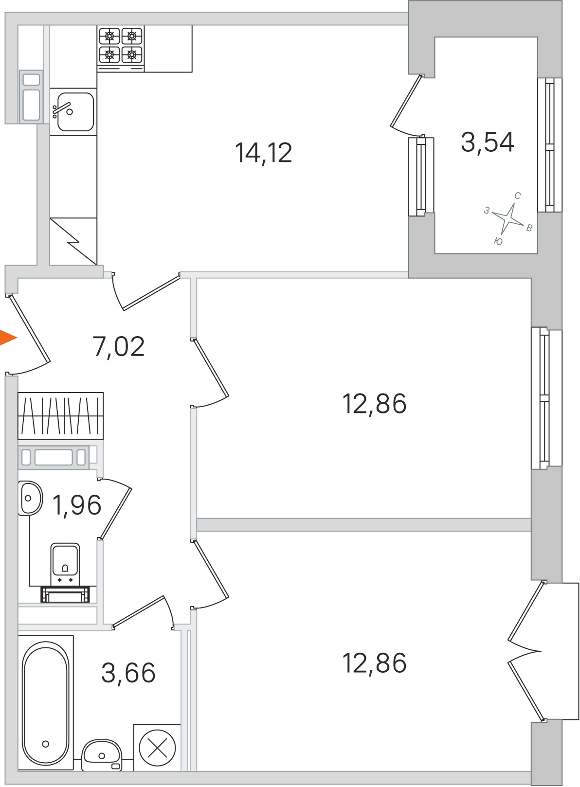 Планировка: 2-комнатная квартира, 52,5 м²