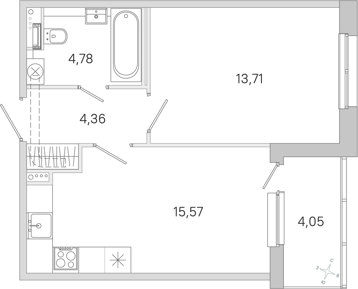 Планировка: 1-комнатная квартира, 38,4 м²