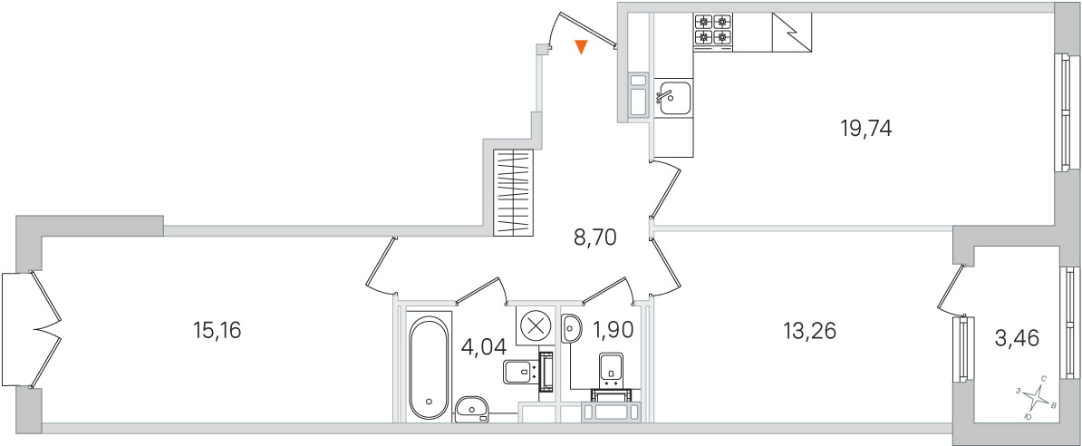 Планировка: 2-комнатная квартира, 62,8 м²