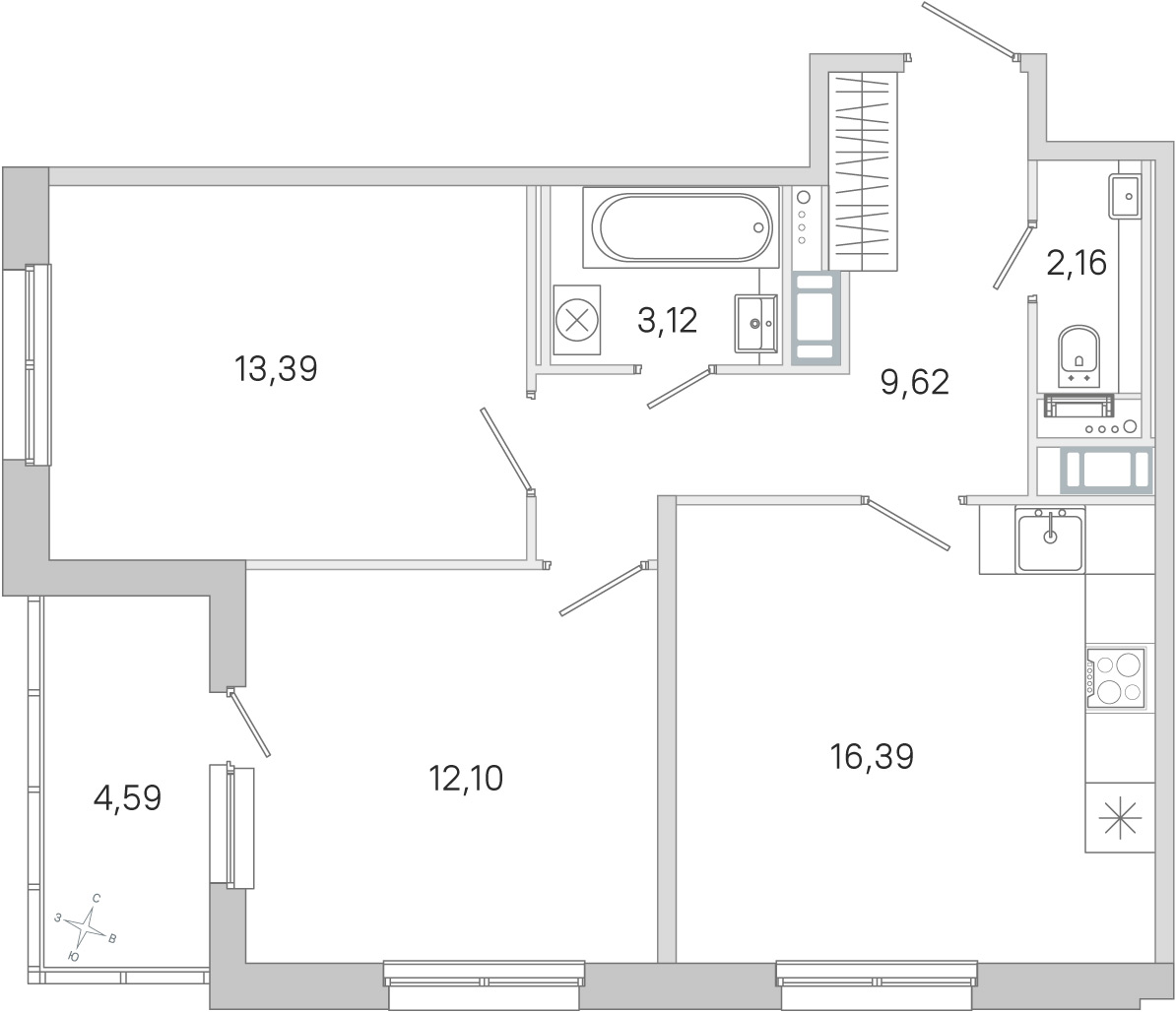 Планировка: 2-комнатная квартира, 56,8 м²