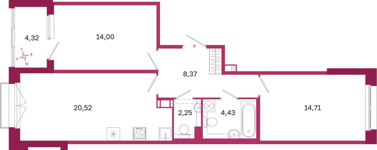 Планировка: 2-комнатная квартира, 64,3 м²