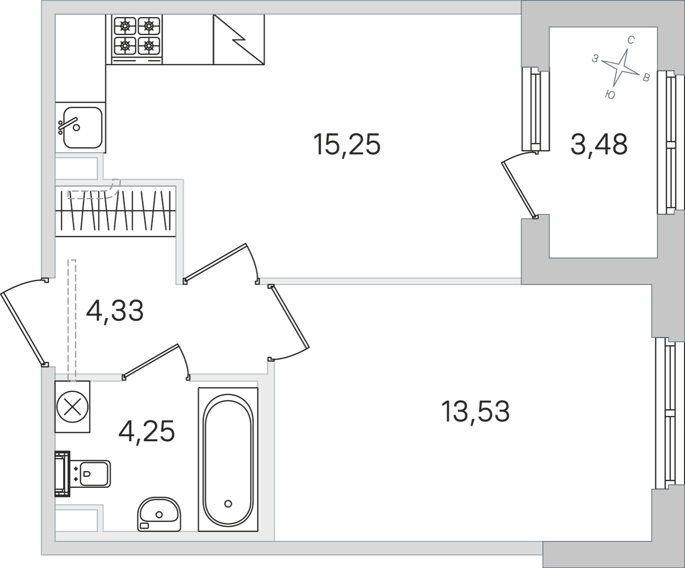 Планировка: 1-комнатная квартира, 37,4 м²