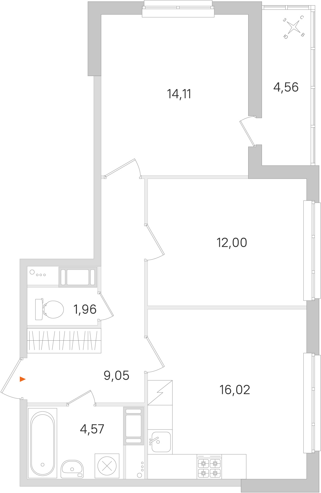 Планировка: 2-комнатная квартира, 57,7 м²