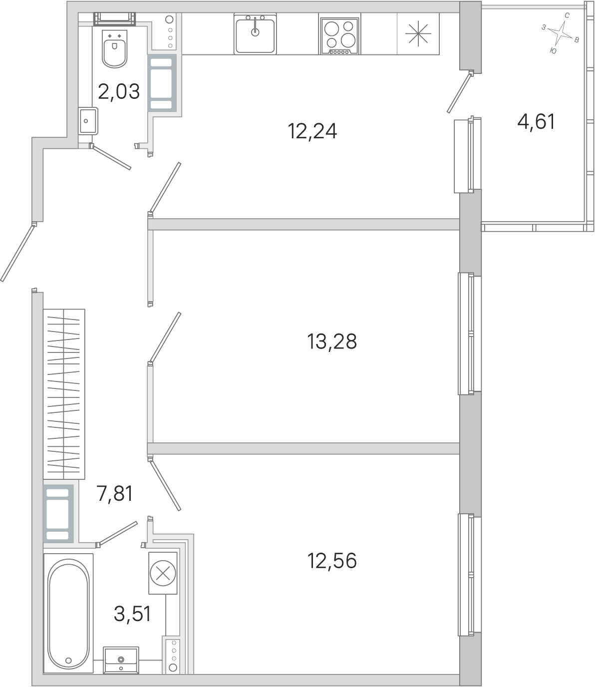 Планировка: 2-комнатная квартира, 51,4 м²
