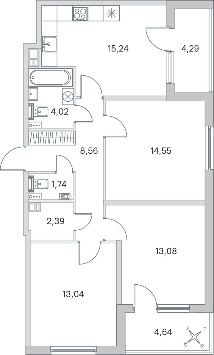 Планировка: 3-комнатная квартира, 72,6 м²