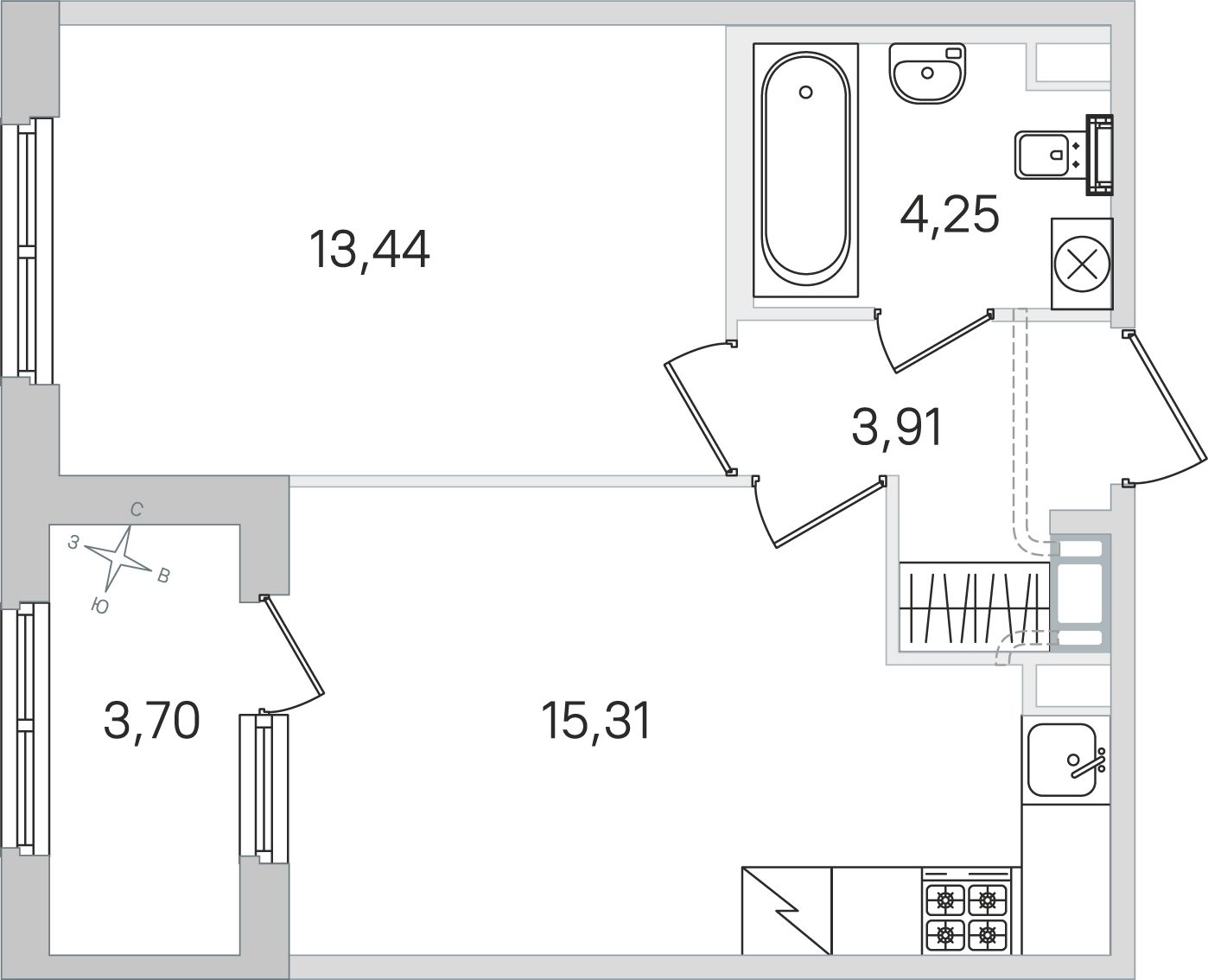 Планировка: 1-комнатная квартира, 36,9 м²