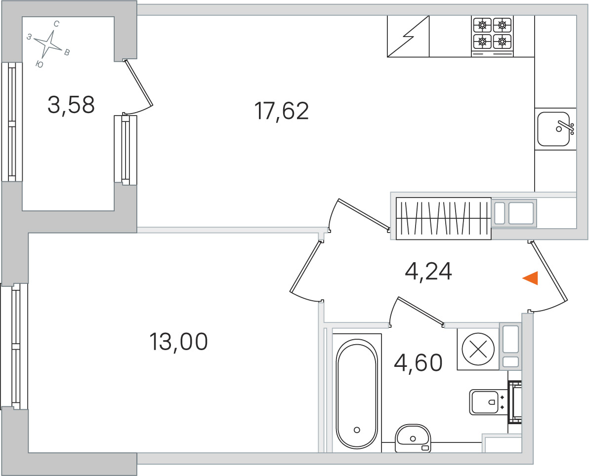 Планировка: 1-комнатная квартира, 39,5 м²