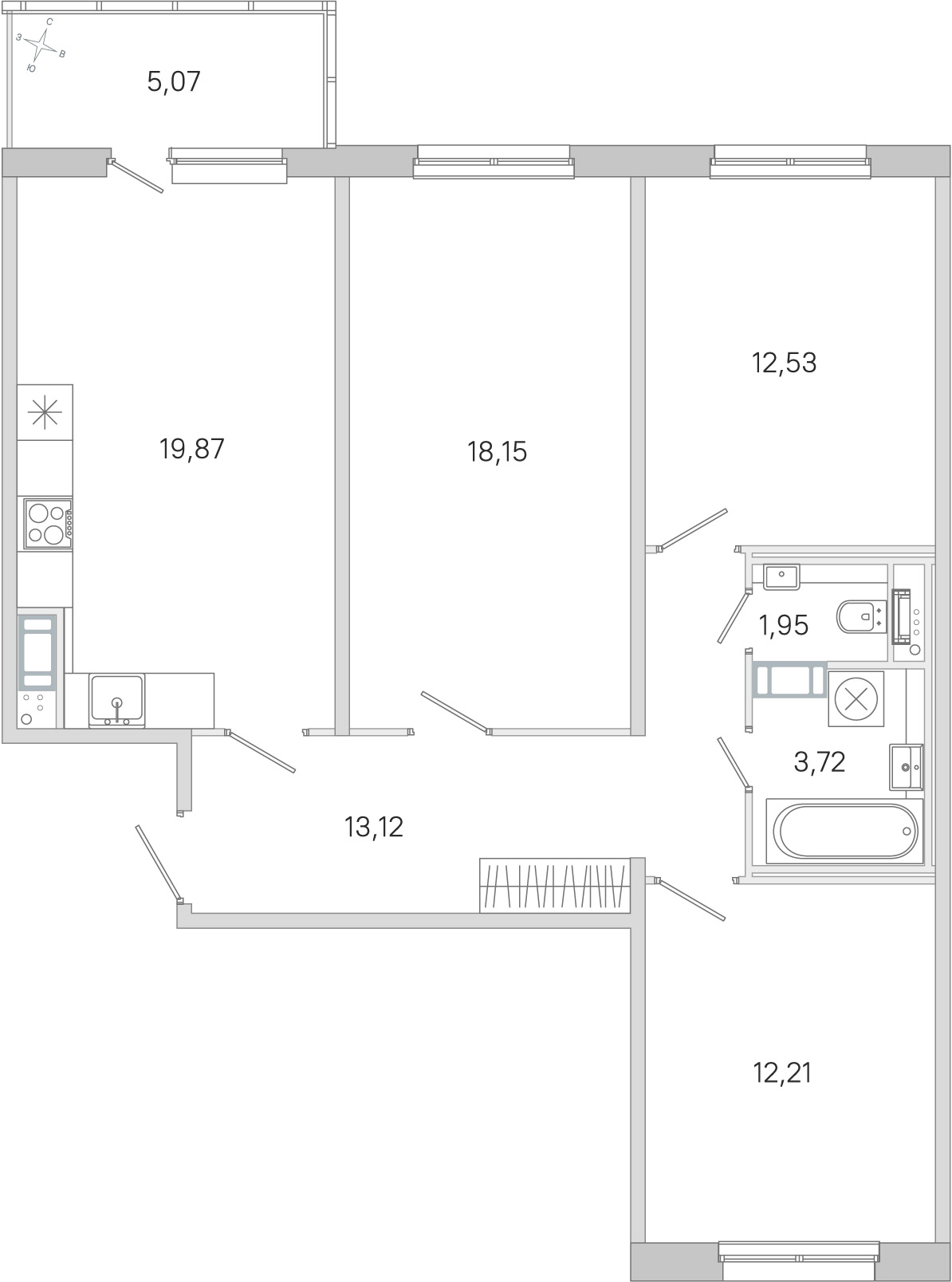 Планировка: 3-комнатная квартира, 81,6 м²