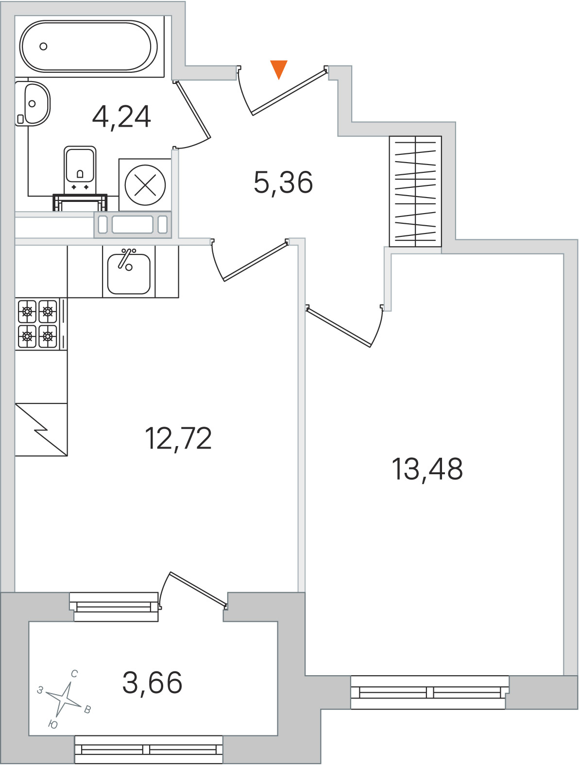 Планировка: 1-комнатная квартира, 35,8 м²