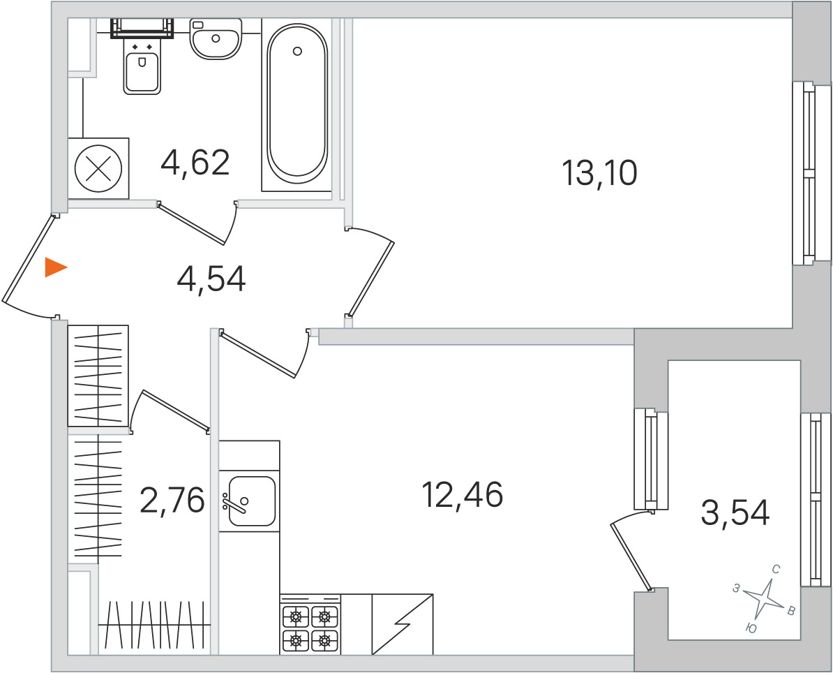 Планировка: 1-комнатная квартира, 37,5 м²