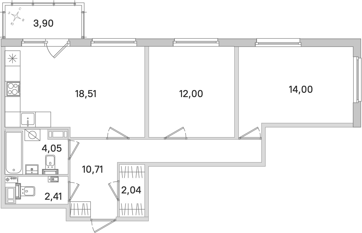 Планировка: 2-комнатная квартира, 63,7 м²