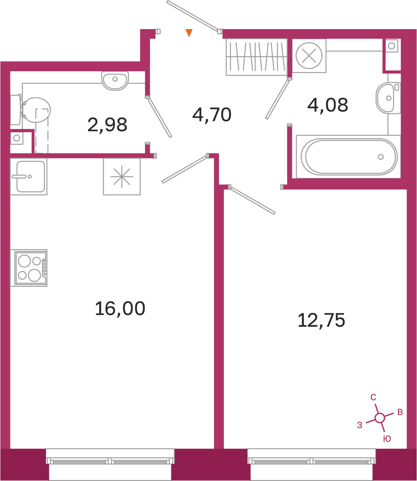 Планировка: 1-комнатная квартира, 40,5 м²