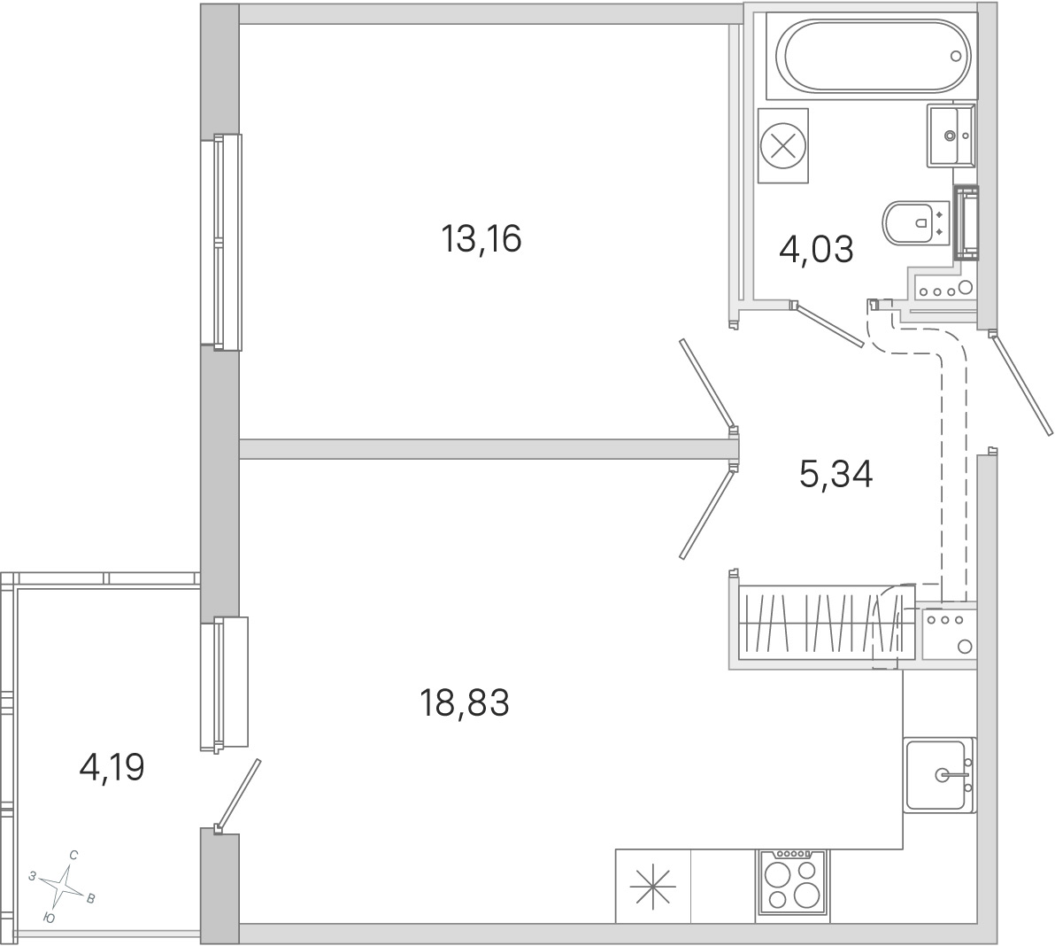 Планировка: 1-комнатная квартира, 41,4 м²