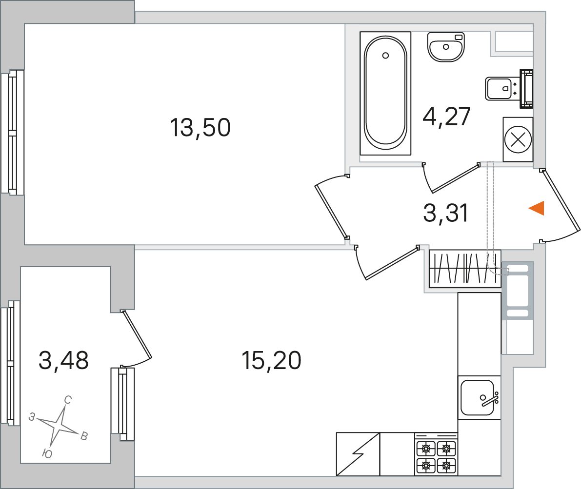 Планировка: 1-комнатная квартира, 36,3 м²