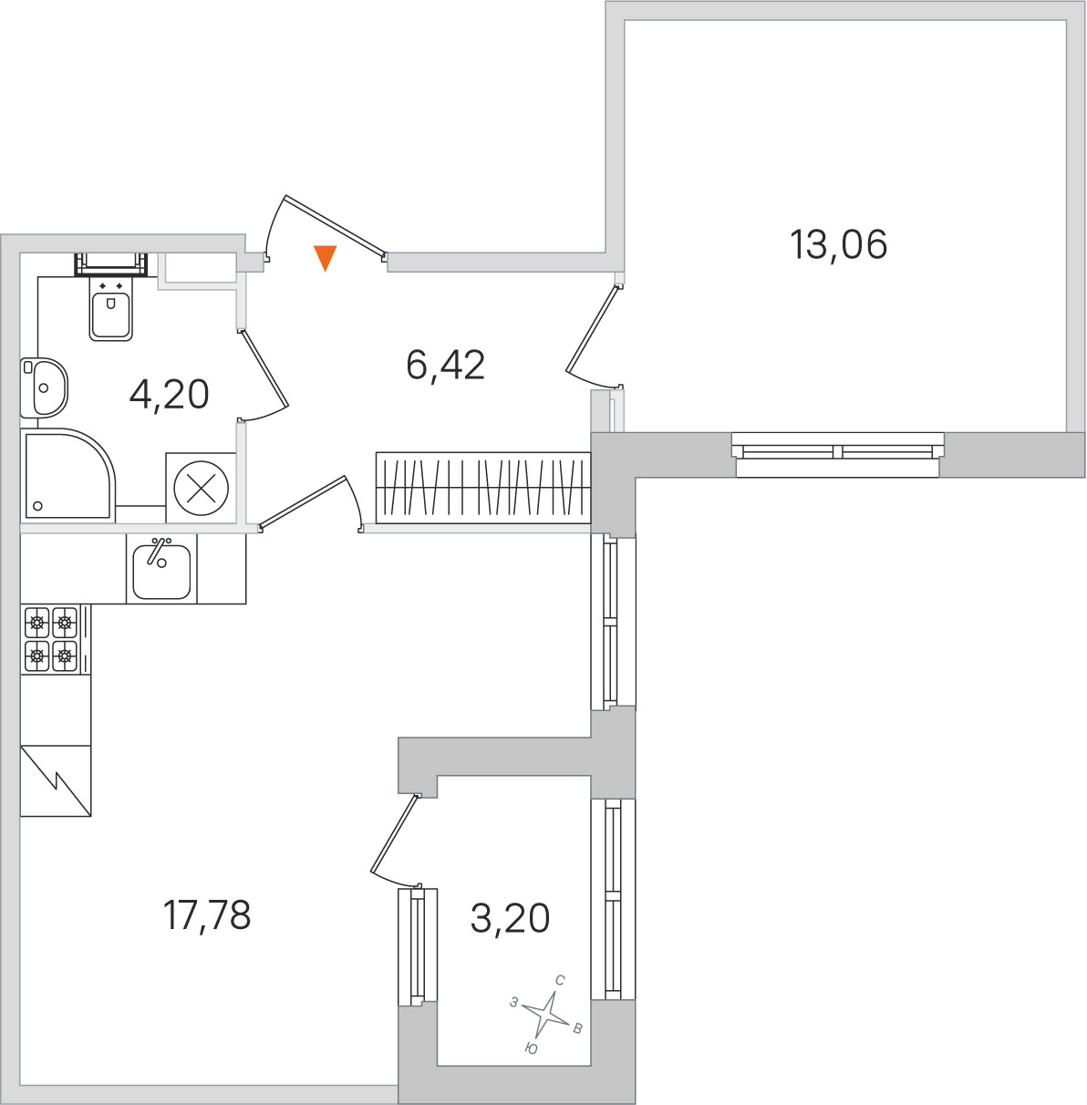 Планировка: 1-комнатная квартира, 41,5 м²
