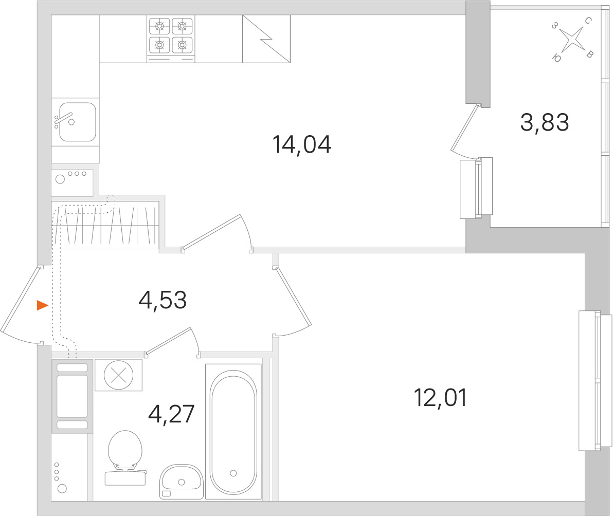 Планировка: 1-комнатная квартира, 34,9 м²