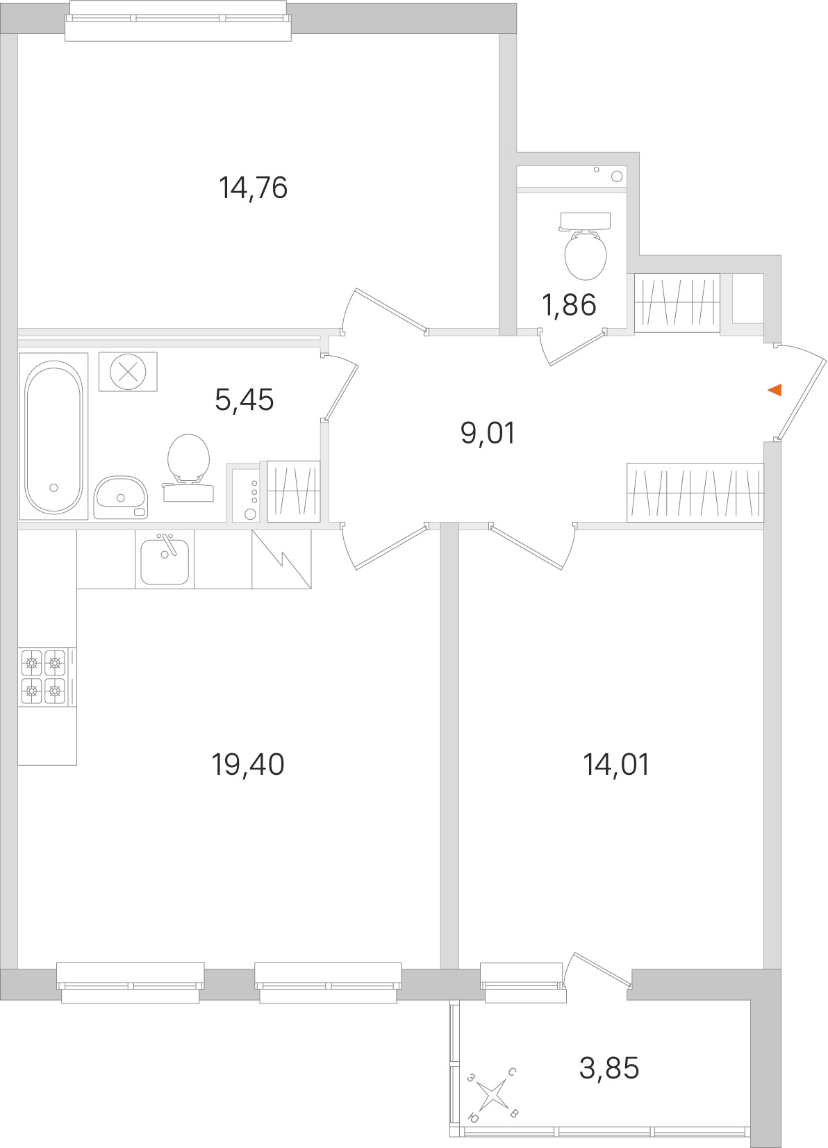 Планировка: 2-комнатная квартира, 64,5 м²