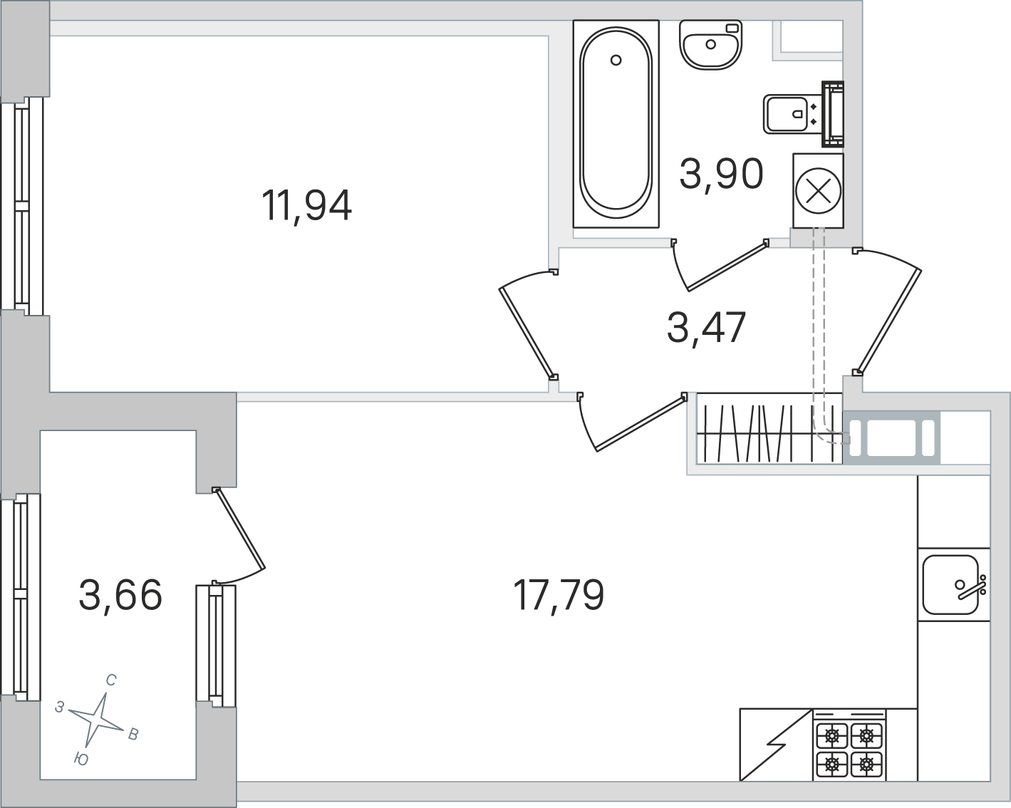 Планировка: 1-комнатная квартира, 37,1 м²