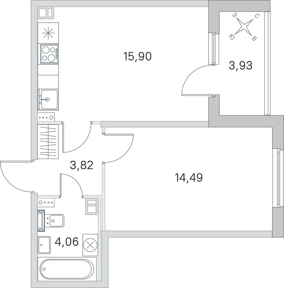 Планировка: 1-комнатная квартира, 38,3 м²