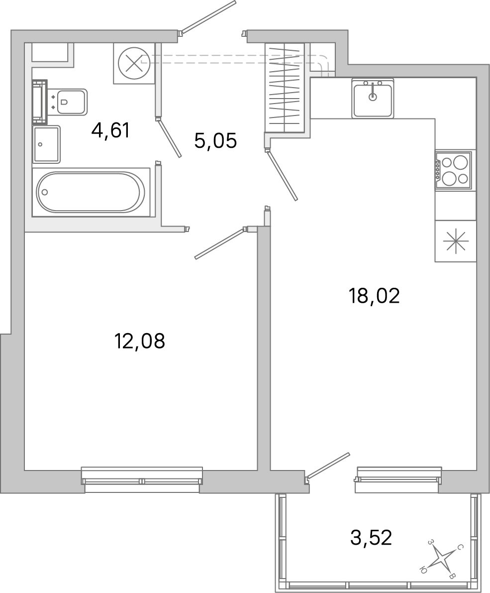 Планировка: 1-комнатная квартира, 39,8 м²