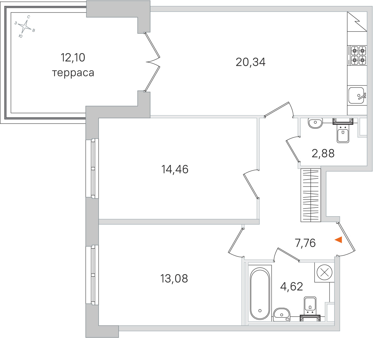 Планировка: 2-комнатная квартира, 63,1 м²