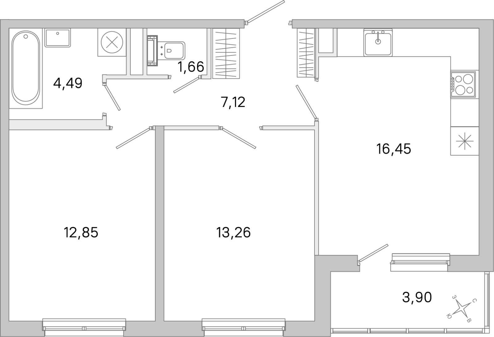 Планировка: 2-комнатная квартира, 55,8 м²