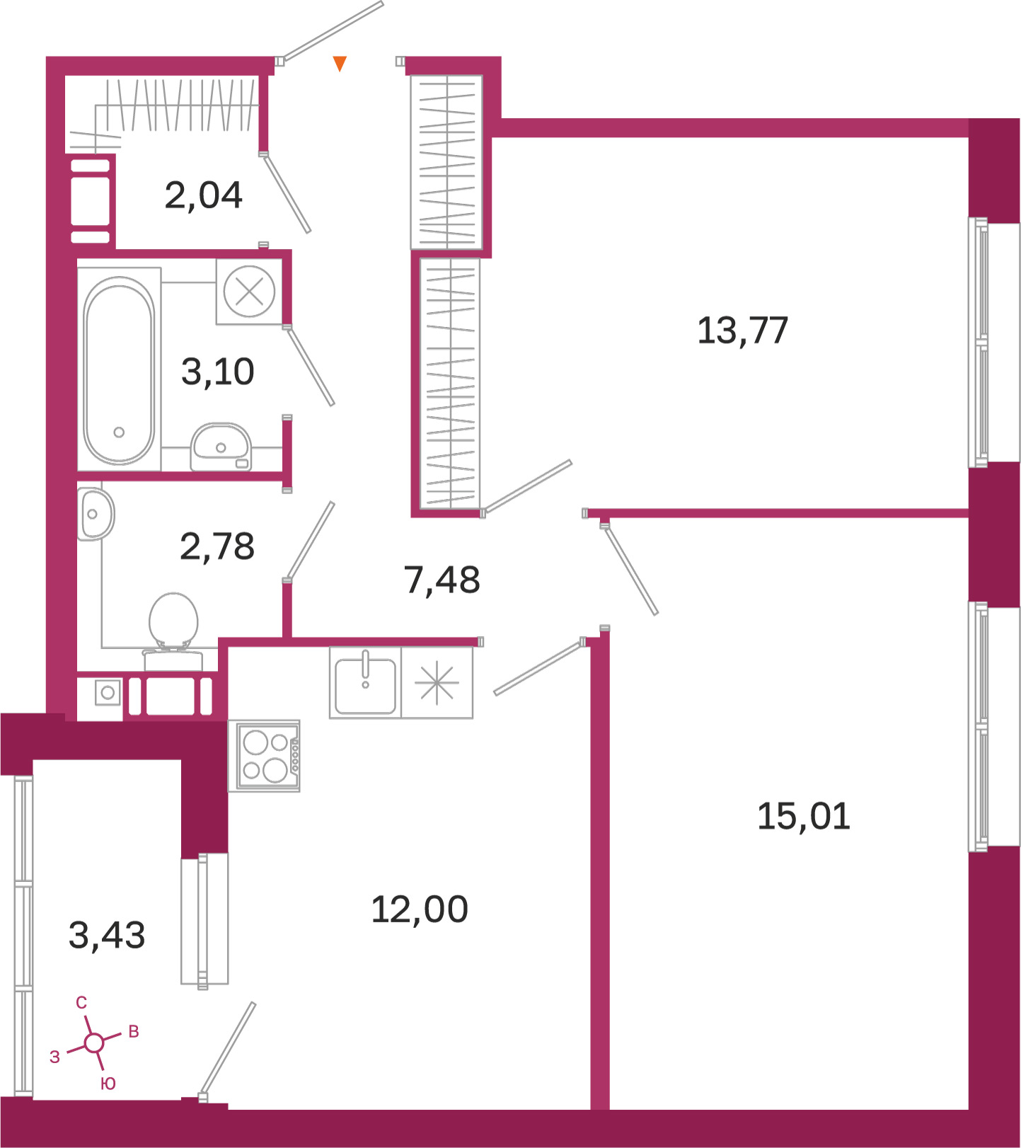 Планировка: 2-комнатная квартира, 56,2 м²