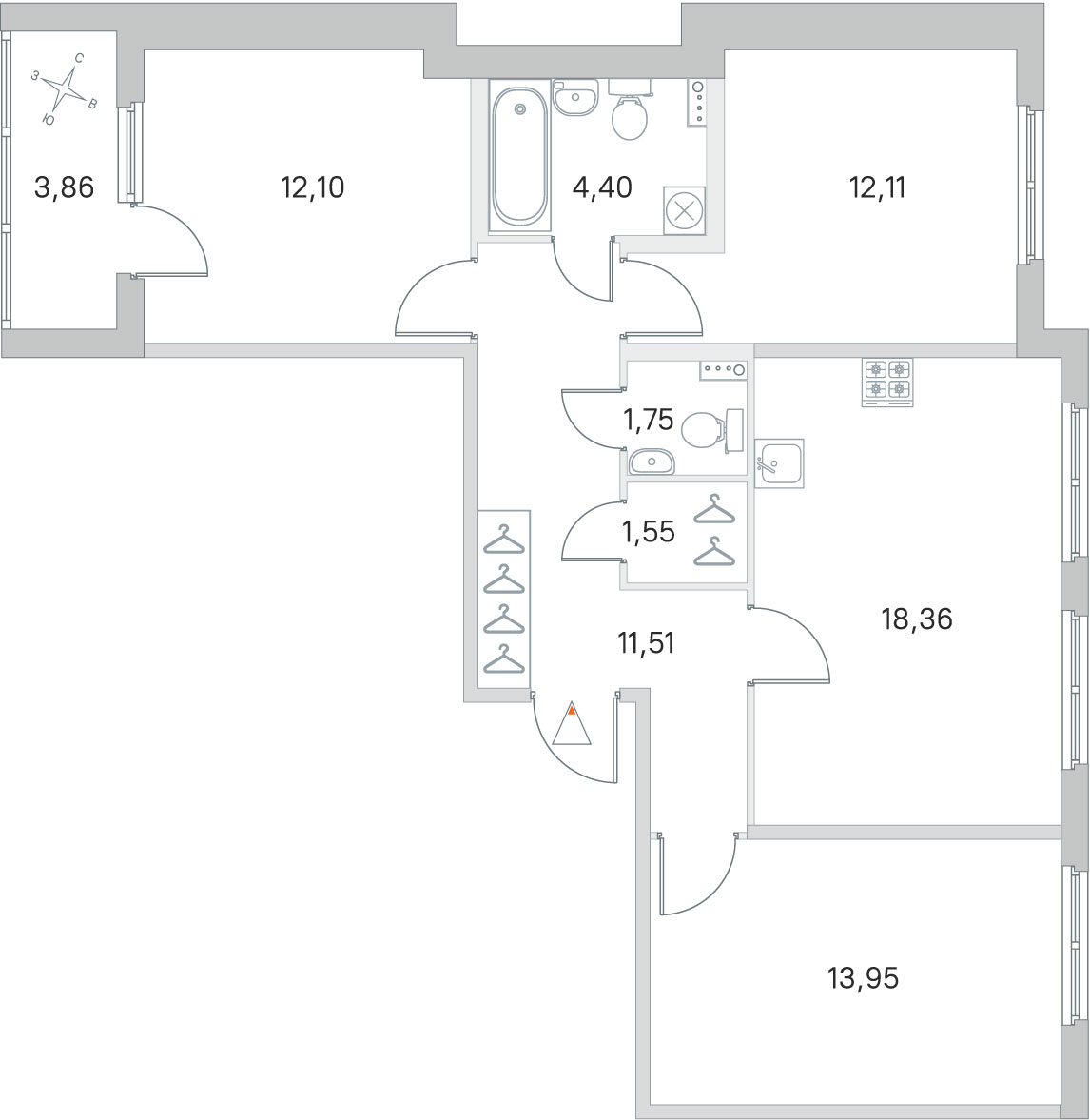 Планировка: 3-комнатная квартира, 75,7 м²