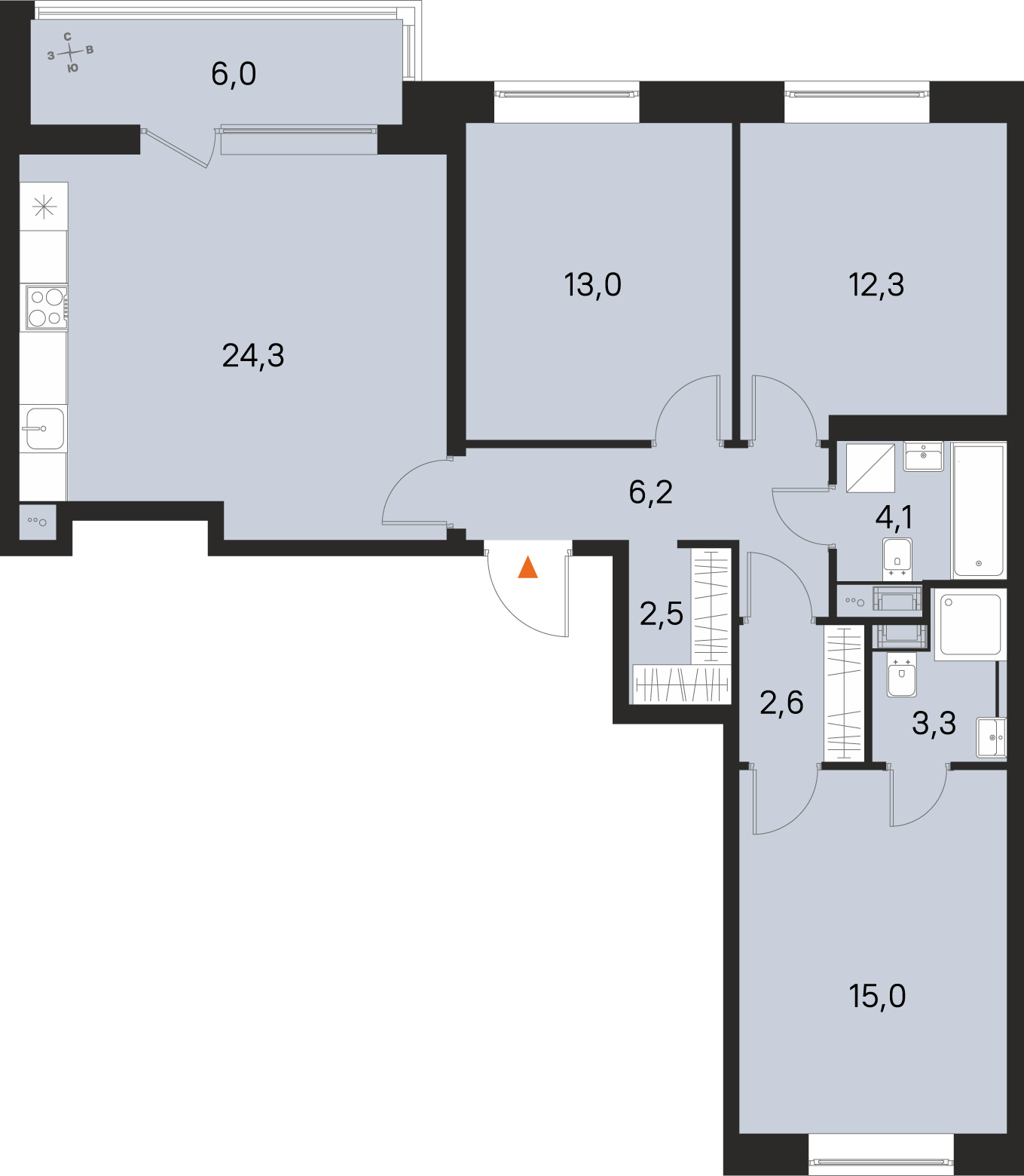Планировка: 3-комнатная квартира, 83,3 м²