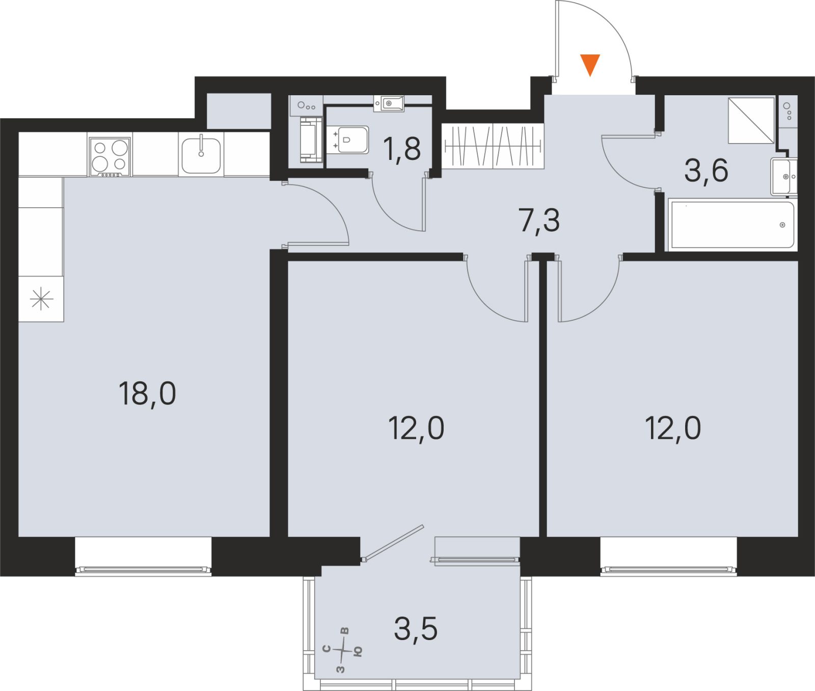 Планировка: 2-комнатная квартира, 54,7 м²