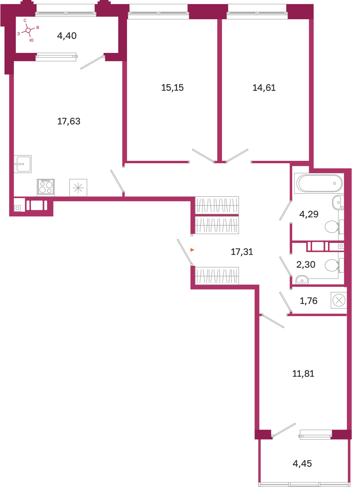 Планировка: 3-комнатная квартира, 84,9 м²
