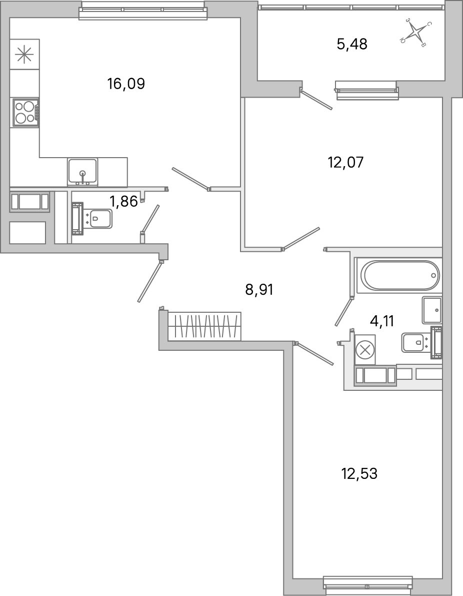 Планировка: 2-комнатная квартира, 55,6 м²