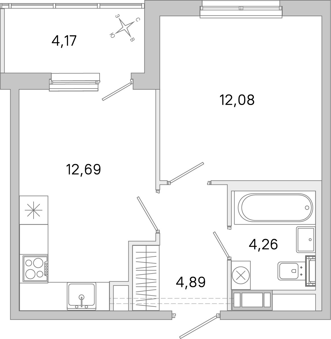 Планировка: 1-комнатная квартира, 33,9 м²