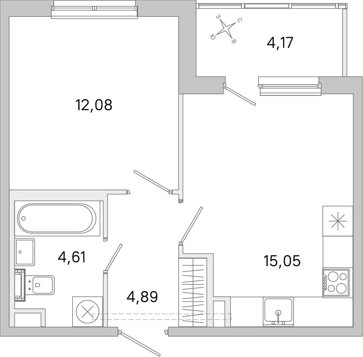 Планировка: 1-комнатная квартира, 36,6 м²