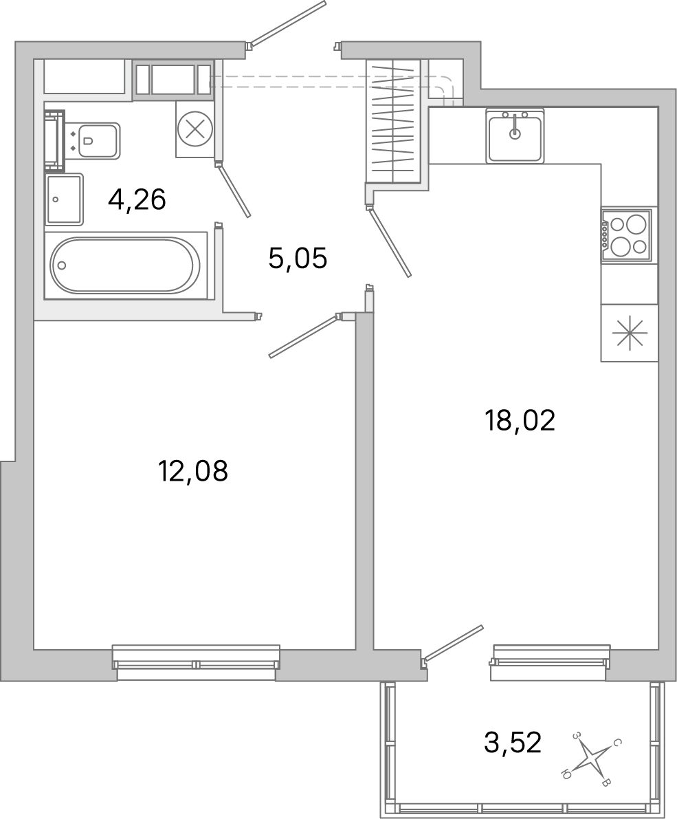 Планировка: 1-комнатная квартира, 39,4 м²