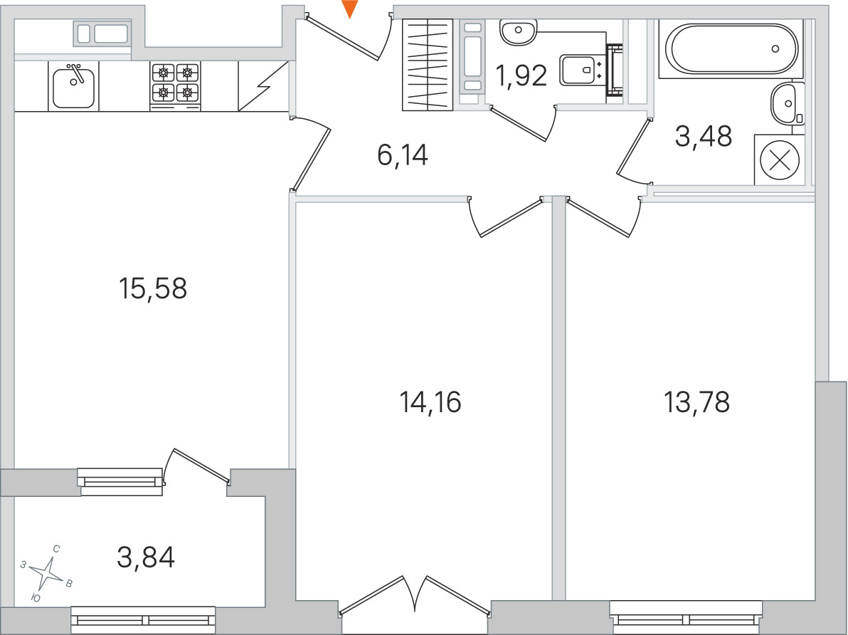 Планировка: 2-комнатная квартира, 55,1 м²