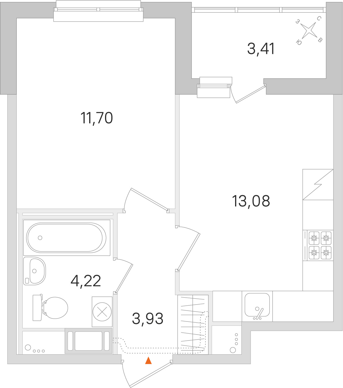 Планировка: 1-комнатная квартира, 32,9 м²