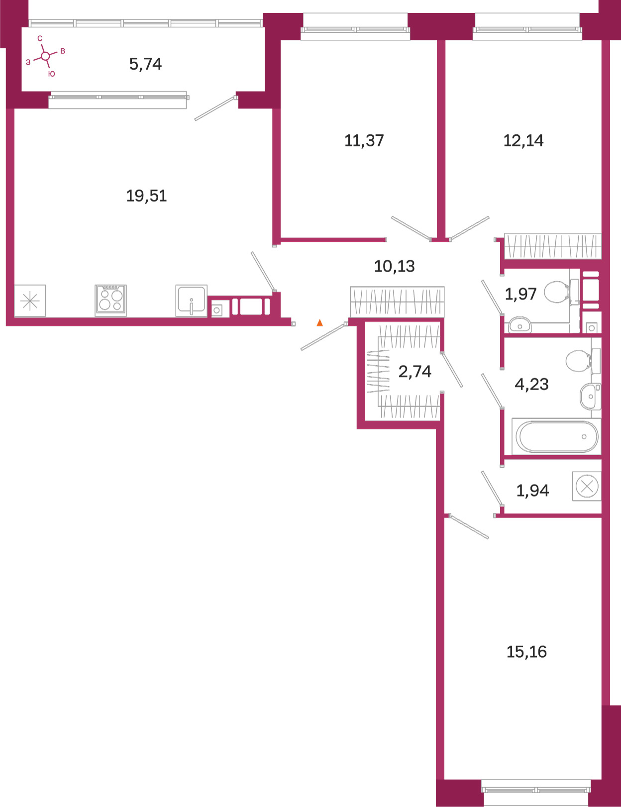 Планировка: 3-комнатная квартира, 79,2 м²