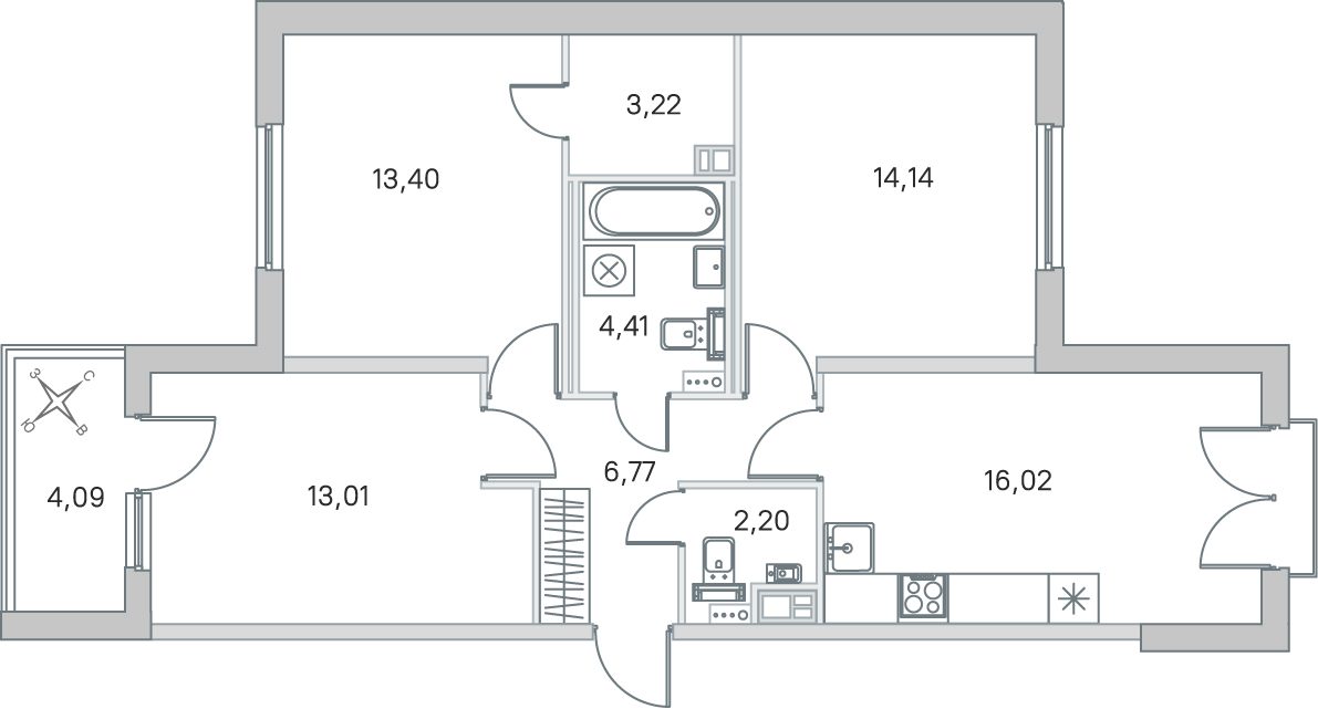 Планировка: 3-комнатная квартира, 73,2 м²