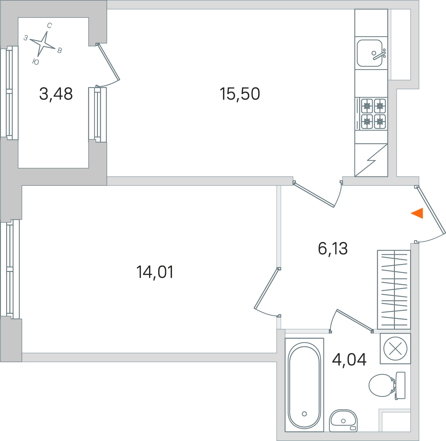 Планировка: 1-комнатная квартира, 39,7 м²