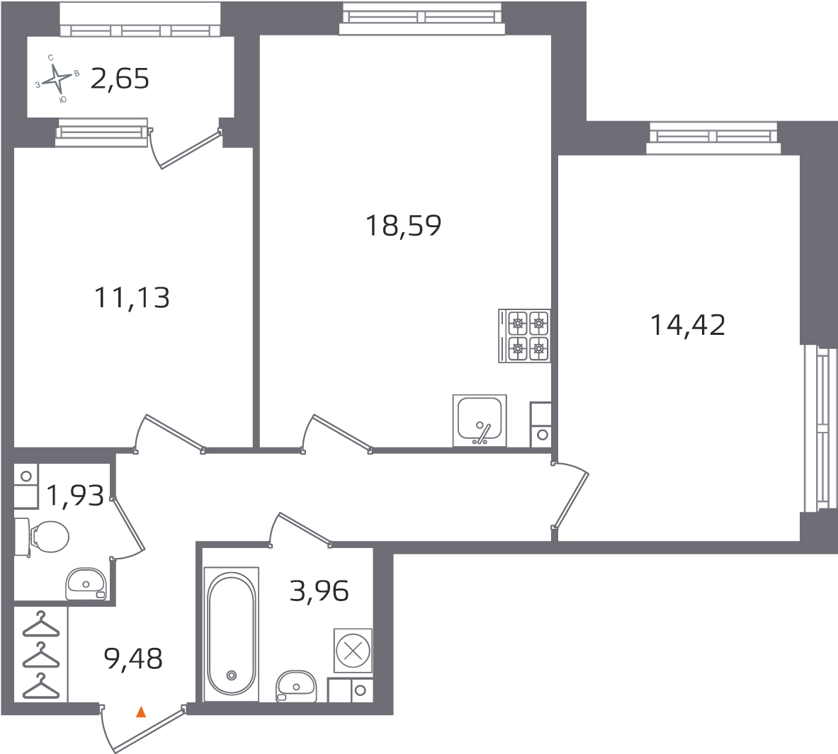 Планировка: 2-комнатная квартира, 59,5 м²