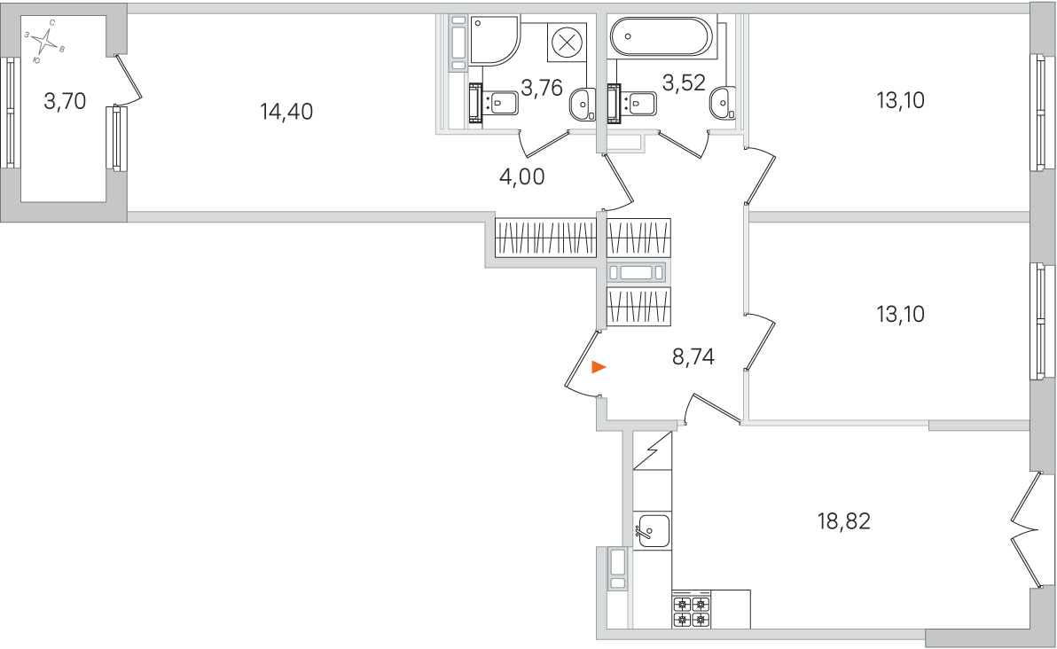 Планировка: 3-комнатная квартира, 79,4 м²