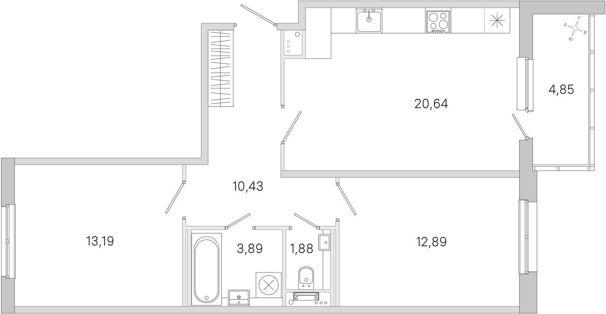 Планировка: 2-комнатная квартира, 62,9 м²